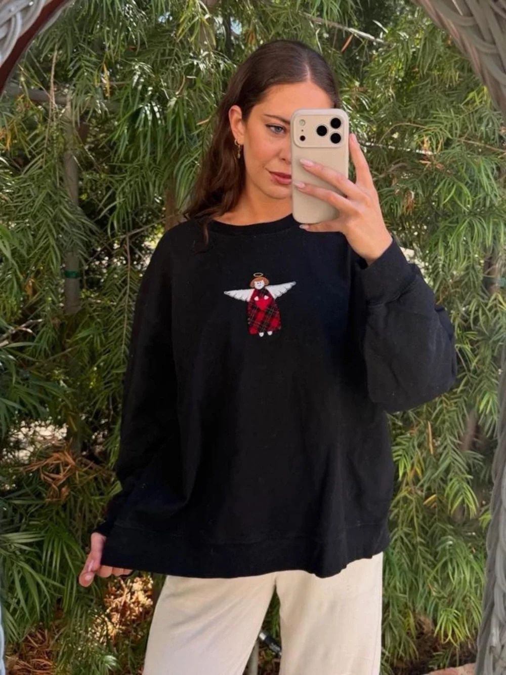 Vtg Black Christmas Angel Sweatshirt with red plaid angel graphic Size XL #chris